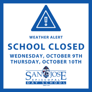 Graphic announcing school closures on October 9th and October 10th due to storm. 